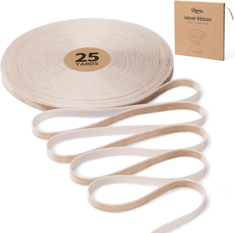 Keypan Taupe Velvet Ribbon 3/8 Inch Handmade Vintage Thin Ribbons for Wrapping Gift Wreath Decoration Ornaments Bow Making Christmas Tree Home Decor, 25 Yd - Image 1